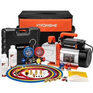 VIVOHOME VG Series AC Vacuum Pump and Gauge Set, 3/4 HP 7.2CFM 2 Stage HVAC Vacuum Pump and 4 Way Manifold Gauge Kit with 5ft Hoses for R134a R12 R22 R502 R410a Auto HVAC Systems Commercial Use