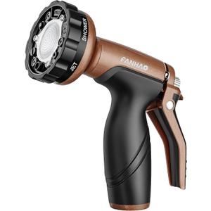 FANHAO Metal Garden Hose Nozzle, Heavy Duty Water Hose Sprayer with 6 Spray Patterns, High Pressure Water Hose Nozzle with Rear Trigger, Ideal for Outdoor Lawn & Plant Watering, Car & Pet Washing (Brown)