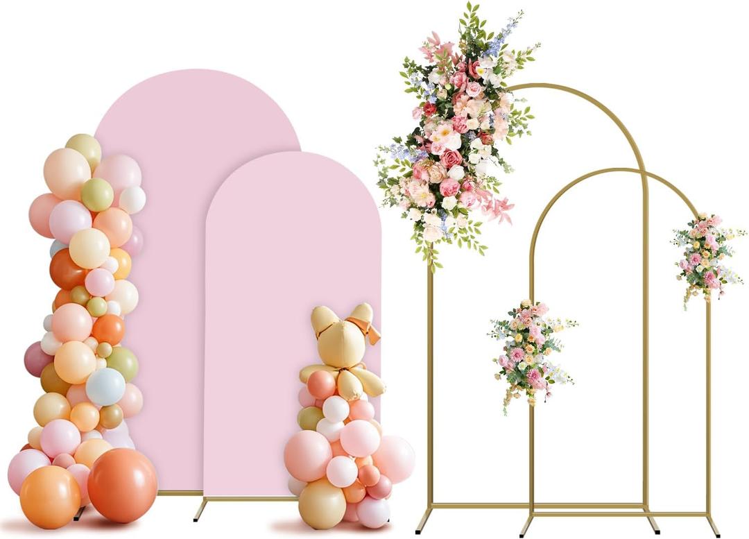 Arch Backdrop Stand and Cover Set, 2 Metal Balloon Arch Backdrop 7.2ft 6ft, Gold Arched Stand Frame for Wedding, Parties,Birthday, Event Decorations (Pale Pink,7.2ft+6ft)