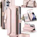 Crossbody Wallet Case Compatible with Samsung Galaxy Z Fold 5 with RFID Blocking Card Holder & Pen Holder Slot Soft PU Leather Shoulder Strap Zipper Pocket Purse Fold 5 Phone Case, Rose Gold