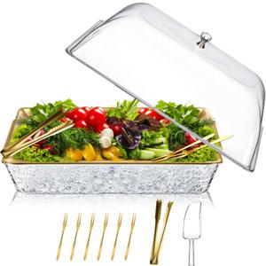 Baderke 1 Set 16" x 9" Chilled Serving Tray for Parties with Compartments and Lid Charcuterie Serving Board Ice Rectangle Chilled Party Platter for Seafood Vegetable Fruit Shrimp Cocktail (Gold)