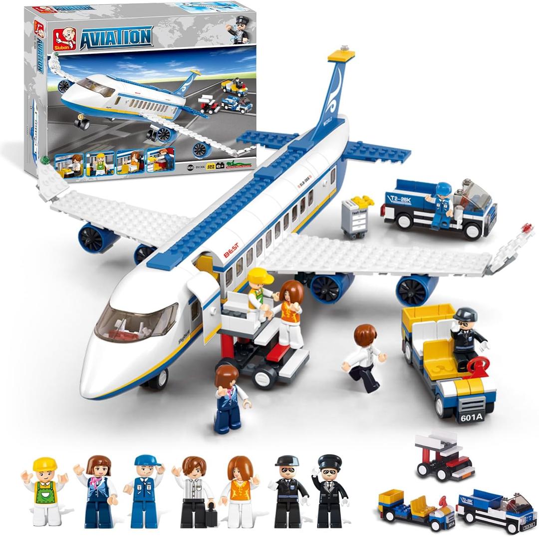 City Passenger Airplane Building Set for Boys 6+ 8+ 12+, City Plane Airport Playset with a Large Aircraft, Passenger Bus, Luggage Truck, Container Loader, 7 Minifigures, Compatible with Lego City
