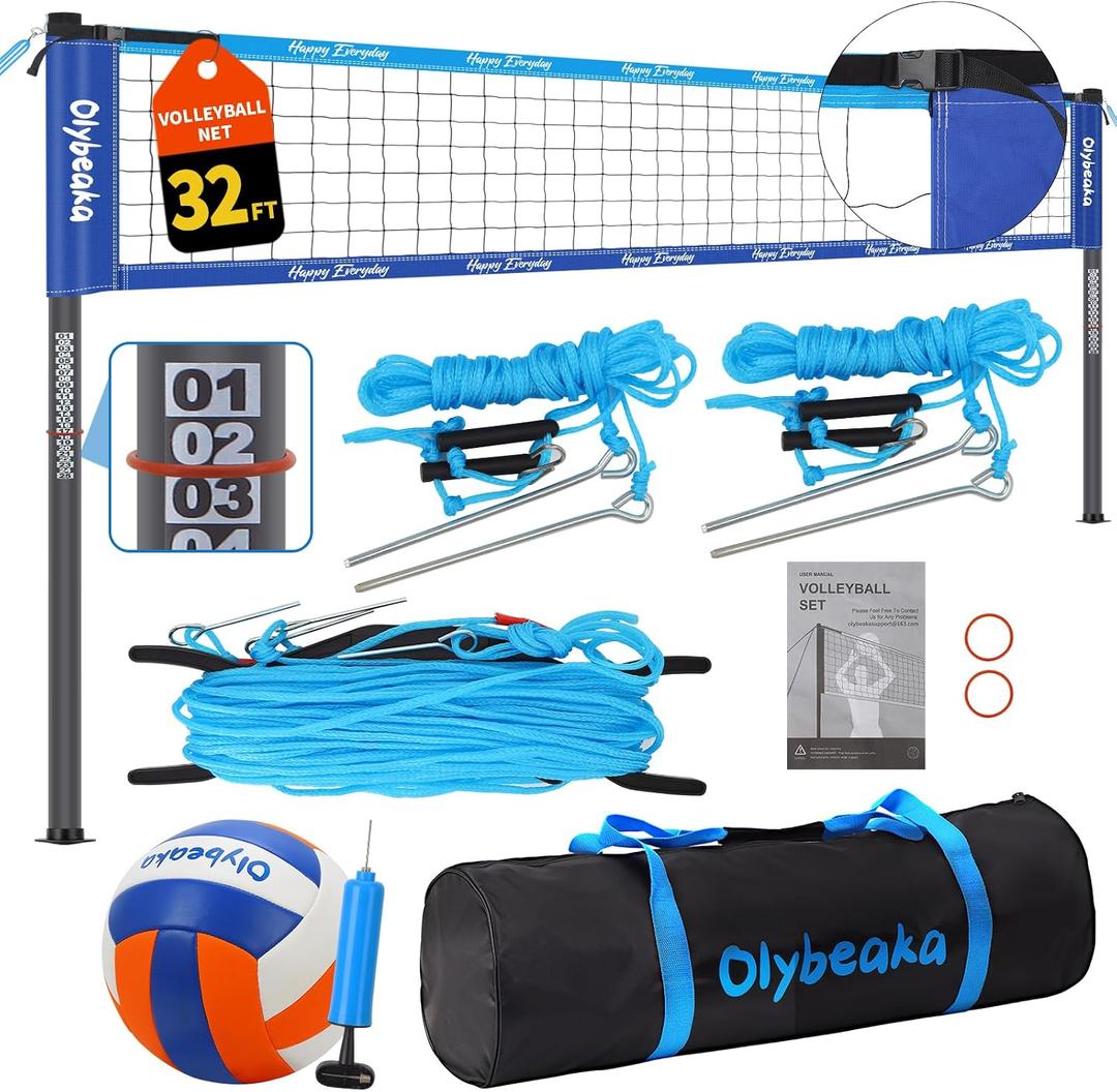 32ft Portable Outdoor Volleyball Net Set for Grass Backyard Beach with 1.25" Height Adjustable Steel Poles, 28-ply Durable PE Net, PU Volleyball & Pump, Carry Bag (Dark Blue + Light Blue, 32ft)