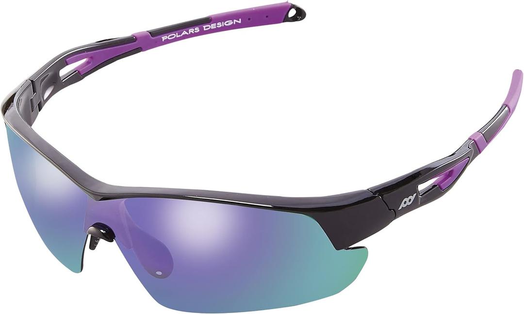 POLARS DESIGN Outdoor Sports Polarized wrap around Cycling Sunglasses for Men & Women TR90 Frame UV Protection for fishing (Shiny Black/Purple Mirror)