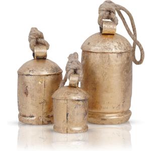 Krati Exports 3 Pc Giant Harmony Cow Bells Rustic Handmade Decorative Vintage Hanging Bells with Jute Rope (Gold Rustic, Large)