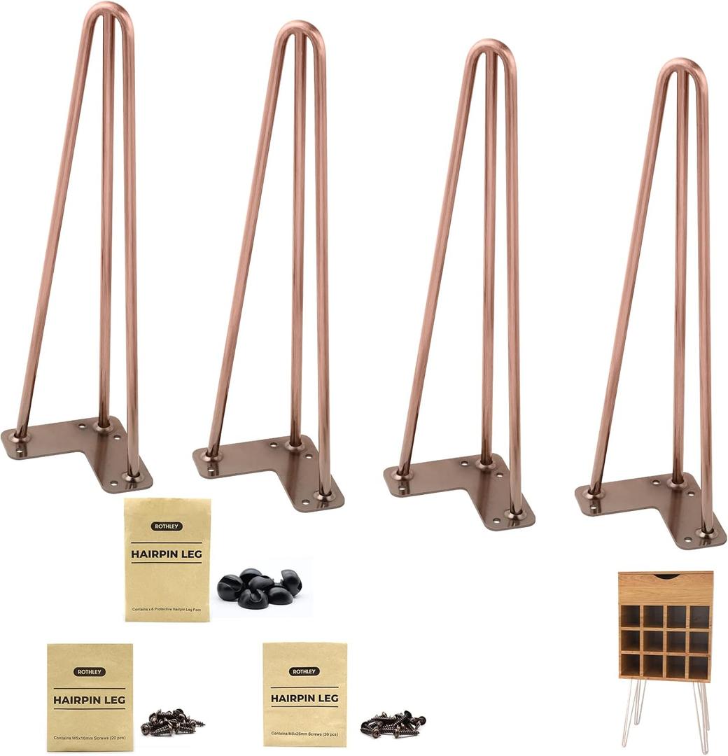 ROTHLEY Coffee Table Legs 16 Inch Hairpin Legs 3 Solid Rods Metal Table Legs Bench Legs for Furniture Set of 4 Furniture Feet with Floor Protectors Heavy Duty Desk Legs DIY Dresser Leg(Antique Copper)