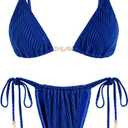 seamoly Women's Bikini Sets Ribbed Beaded Adjustable Spaghetti Strap Swimsuit Tie Side Thong Sexy 2 Piece Bathing Suit (Blue, L)