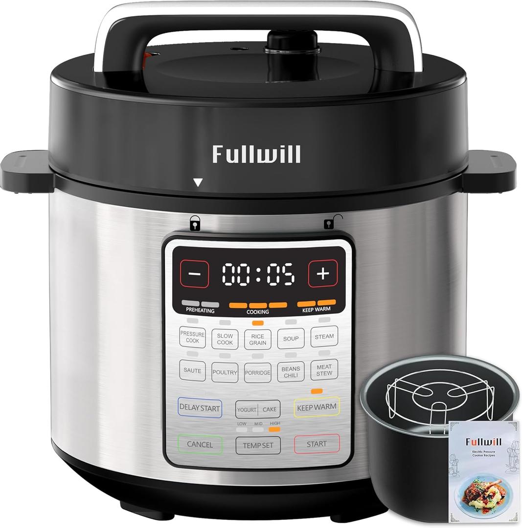 Fullwill Electric Pressure Cooker Uni 6qt, 9-in-1 Multi-Functional Slow Cooker, Rice Cooker, Yogurt Maker, Cake Maker, Saut Pan, Steamer, Food Warmer, Soup Maker (Silver)