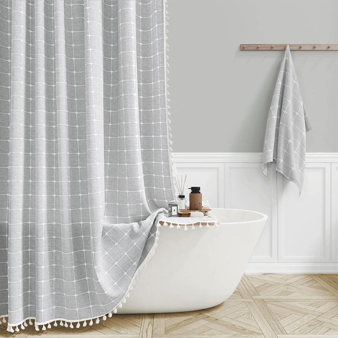 BTTN Boho Farmhouse Shower Curtain, Linen Rustic Heavy Duty Fabric Shower Curtain Set with Tassel, Water Repellent, Bohemian Vintage Country Thick Cloth Shower Curtains for Bathroom, Gray/Grey, 72x72