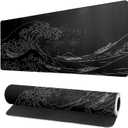 Japanese Sea Wave Large Mouse Pad, Anime Black Gaming, Extended Kanagawa Mat Desk Pad, 3mm Thick Long Non-Slip Rubber Base Mice Pad, 31.5 X 11.8 Inch