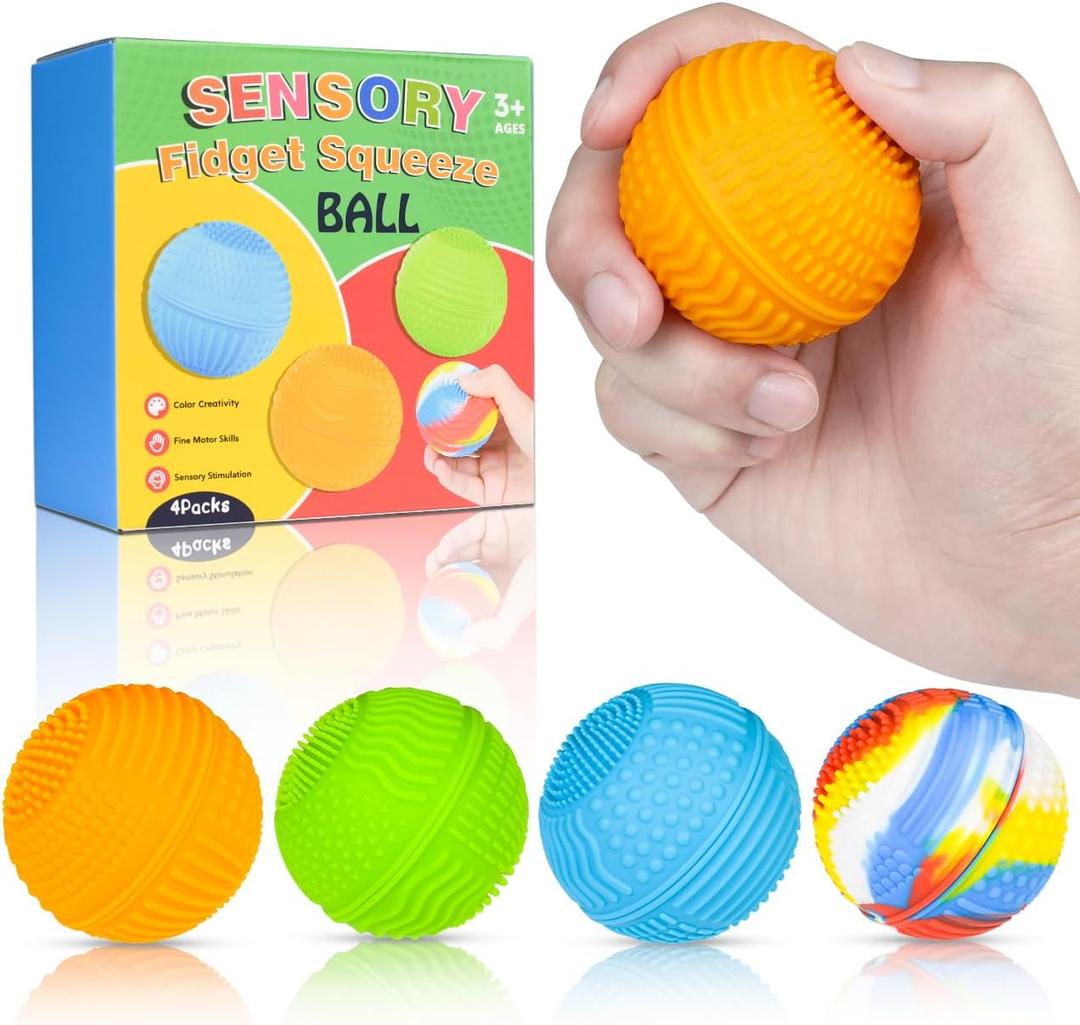 Sensory Fidget Squeeze Balls 4 Pack for Kids & Adults, Silicone Quiet Desk Green Toys with Textured, Christmas Stocking Stuffers Gift for Party Favors Autism Stress Relief, BPA Free