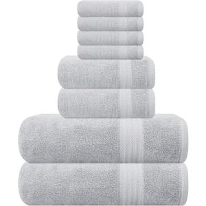 GLAMBURG Ultra Soft 8 Piece Towel Set - 100% Pure Ring Spun Cotton, Contains 2 Oversized Bath Towels 27x54, 2 Hand Towels 16x28, 4 Wash Cloths 13x13 - Ideal for Everyday use, Hotel & Spa - Light Grey