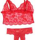 Womens Sexy Floral Lace Lingerie Set - Unlined Bra & Mesh Thong with Belt 3 Piece (Medium, Red)