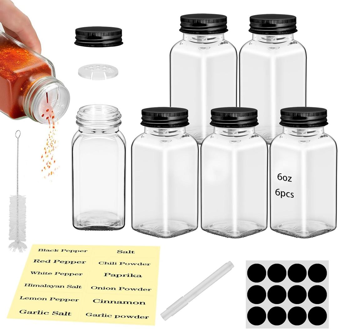 6Pcs 6 oz Square Glass Spice Jars with Label, Empty Spice Containers with Black iron Lids, Square Seasoning Containers and Supplement Set, Small Seasoning Bottles for Salt, Herbs, Sugar, Pepper (6)