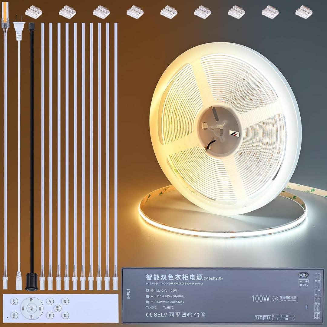 24V CCT COB LED Under Cabinet Strip Lighting 32.8ft, 2700K-6500K Cuttable LED Tape Light CRI 93 with Remote Controller and Power Supply for Kitchen Bookcase Shelf Display Room