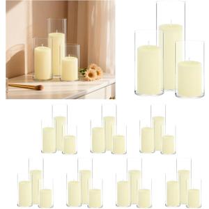 48 PCS Ivory Pillar Candles (2''X3,4,6) and Glass Cylinder Vases(2.6''X5,6,8),Hurricane Candles,Perfectly Sized for use as a Centerpiece Candle Decoration on Wedding Tables!