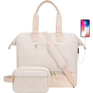 Weekender Bag with Shoe Compartment Travel Duffle, Carry On 20 Inch, Beige