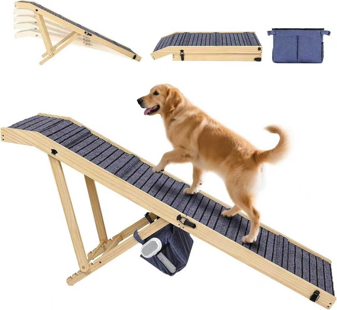 Extra Large Dog Ramp 63L for High Bed, Couch & SUV 200 Lb Heavy Duty Solid Wood Pet Ramp, 4 Adjustable Height Portable Stable Non-Slip Steps for Medium to XL Dogs