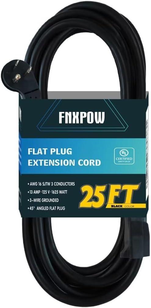 25FT Flat Plug Extension Cord, 16 AWG 3 Prong Grounded Black Low Profile Extension Cable for Indoor, UL Listed