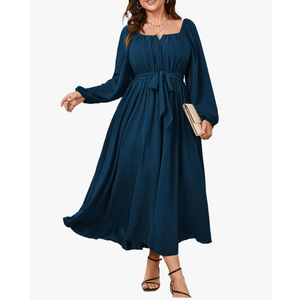SCOMCHIC Women Plus Size Maxi Dress Long Sleeve Square Neck Wedding Guest Cocktail Belted Elegant Flowy A Line Long Dresses,3 XL