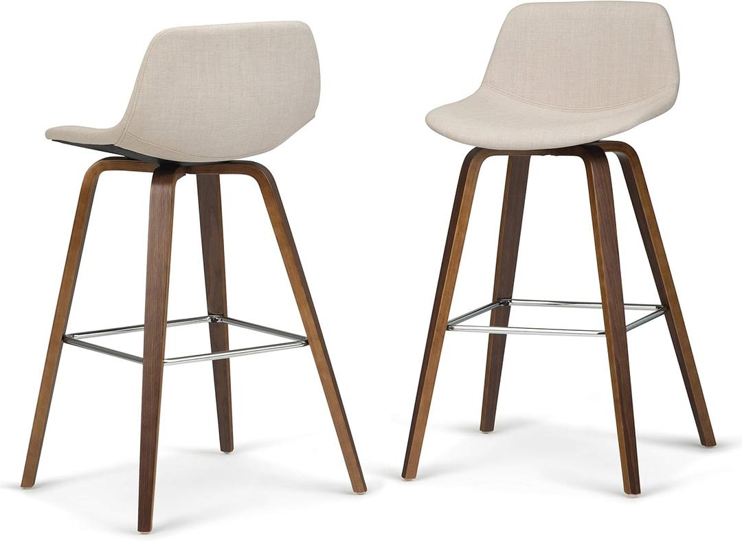 SIMPLIHOME Randolph Counter Stools (Set of 2) - 28 Inch Seat Height Upholstered Bentwood Kitchen Seats in Natural Linen Look Fabric, Mid Century Modern Seating with Curved Backrest and Chrome Footrest