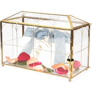 12.6" Glass Card Box Wedding Card Box with Lock for Wedding Reception Cosmetic Home Decor, Handmade Large Geometric Terrarium with Hinged Lid, Brass Frame - (Golden/House)
