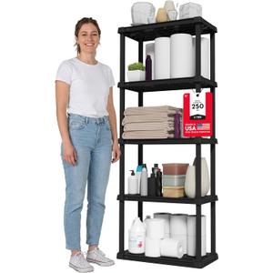 IRIS USA 5-Shelf Light Duty Plastic Storage Shelves, 250lb Capacity, 64" H x 24" W x 12" D, Medium Modular Shelving Unit Storage Organizer for Bathroom, Laundry, Garage & Home, Storage Rack - Black, 5 Tier | 12"D x 24"W x 64"H