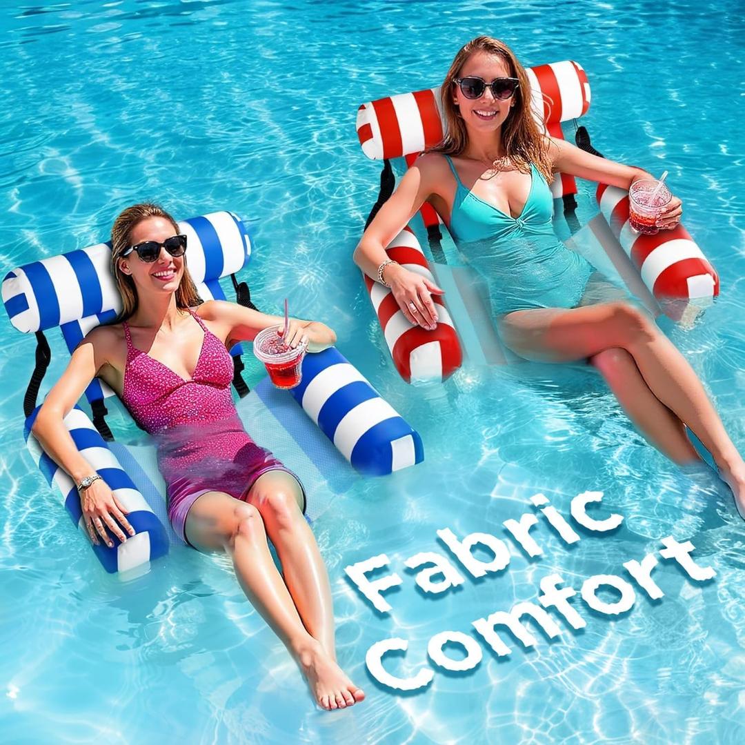 Funscape Pool Floats Chairs Adult, 2 Packs Heavy Duty Inflatable Swimming Pool Lounges, Fabric Floating Hammock Seat, Kid Blow Pool Noodle Lake Raft Floaties, Fun Summer Beach Water Party Game-Stripe