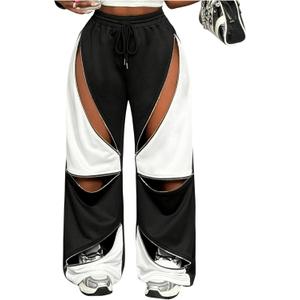 SweatyRocks Women's Wide Leg Baggy Sweatpants Y2k High Waist Cut Out Drawstring Jogger Pants (Black) Medium