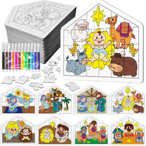 Cinrobiye 24 Pcs Christmas Nativity Coloring Puzzle CraftDIY Jesus Religious Paper Crafts Make a Nativity Scene Sticker for Christian Holy Night Sunday School Church Classroom Holiday Art Project
