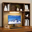 3 Tier Desktop Bookshelf with Rechargeable Eye-Friendly LED Desk Light, Desk Hutch Organizer with 5 Shelves, Wooden Desk Bookshelf for Office, Dorm and Small Space, Brown, Large