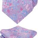 Alizeal Mens 3.15inches Rose Flower Pattern Tie with Floral Printed Pocket Square Set (145-Pink+Light Blue)