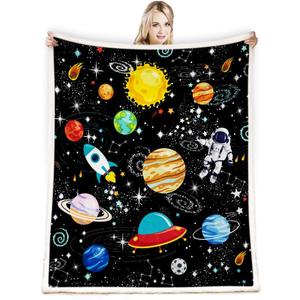 Outer Space Blanket for Boys - Constellation Solar System Fleece Ultra Soft Galaxy Rocket Planet Kids Gift for Birthday, Bed, Couch, Sofa, Living Room Decor