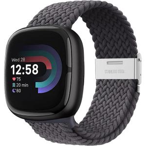 Yeahxing Braided Bands for Fitbit Versa4 - Compatble with Fitbit Versa 4/Versa 3/Sense 2/Sense1, Stretchy Braided Nylon Wristband, Secured Metal Clasp Sport Strap for Women Men, Durable, Breathable