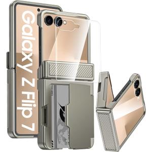 GooseBox for Samsung Galaxy Z Flip 7 Case Wallet RFID Card Holder&Hinge Protection&HD Screen Protector, Full Body Shockproof Cover for Galaxy Z Flip 7(Natural Titanium)