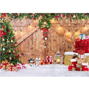 SJOLOON Rustic Christmas Barn Wood Door Backdrop for Photography Xmas Tree Snow Gift Wall Floor Party Photo Background Winter Holiday Family Supplies Banner Decoration Studio Props 12391 (8x6FT)