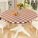Smiry Round Picnic Tablecloth, Elastic Waterproof Fitted Vinyl Tablecloths for 36"-44" Tables, Flannel Backed Buffalo Plaid Table Cover for Dining, Camping, Outdoor, White and Rust