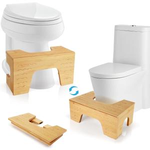 Foldable Toilet Stool Squat, 7" & 9" Adjustable Heights, Bamboo Poop Stool for Adults and Kids with Non-Slip Layer - Improve Bathroom Posture and Comfort, No Assembly Required,Natural