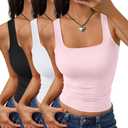 rendy Queen 3 Pack Womens Double Lined Square Neck Tank Tops Crop Basic Summer Going Out Sleeveless Backless Shirts Pink White Black M