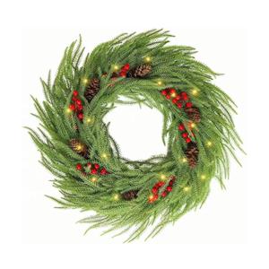 24 Inch Lighted Christmas Wreath for Front Door，Norfolk Pine Green Prelit Christmas Wreaths, Real Touch Wreath for Home Decorations Xmas Indoor Outdoor Decor (Green)
