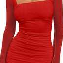 BORIFLORS Women's Sexy Ruched Bodycon Mini Dress Mesh Long Sleeve Club Party Short Dresses, Small, Red