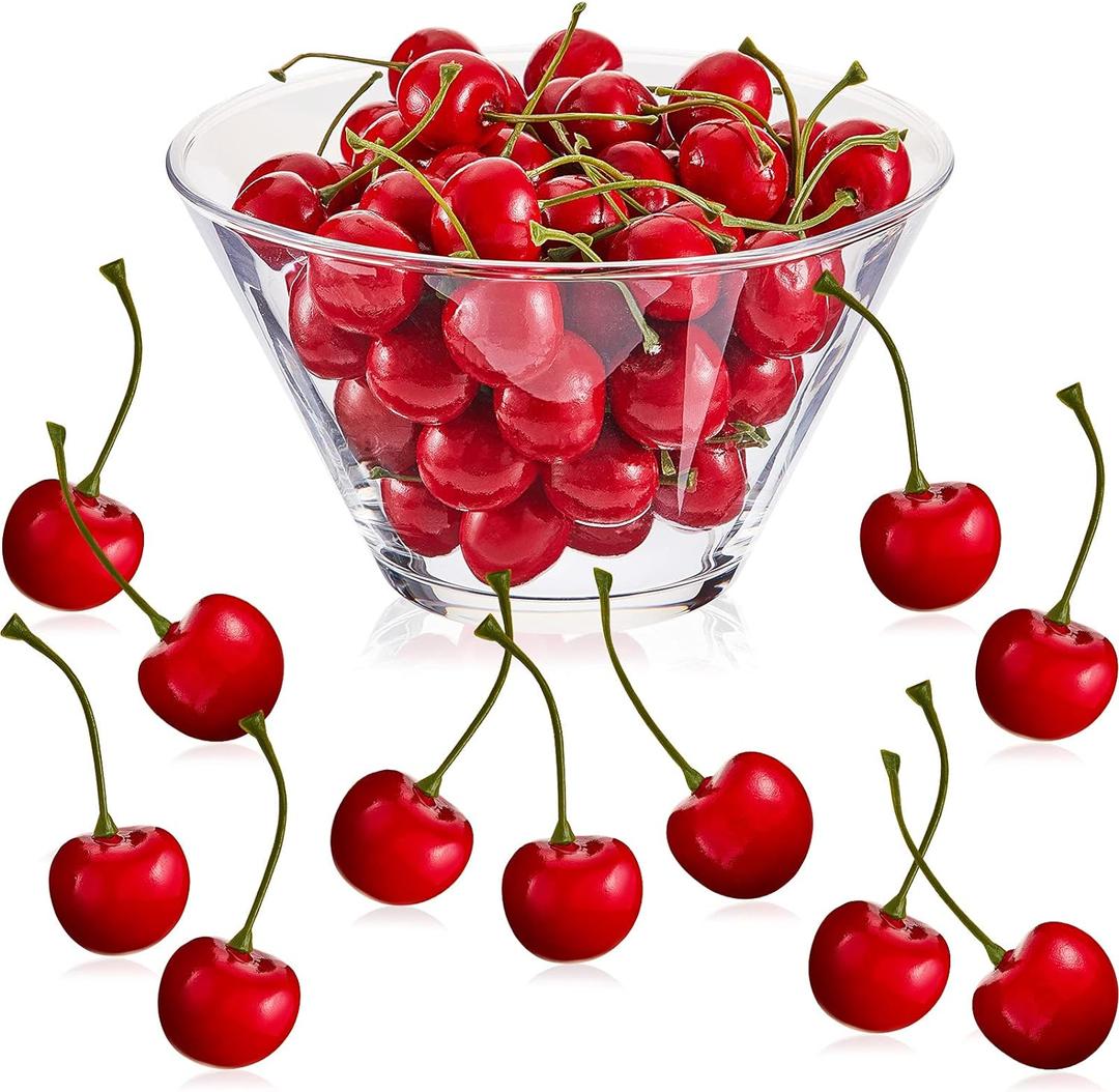 Skylety 50 Pieces Fake Cherries Artificial Cherry Fruit Decorations Simulation Cherry Party Decorations for Cake Decor Home Kitchen Cabinet Photography Prop Cognitive Party Favors (Red)