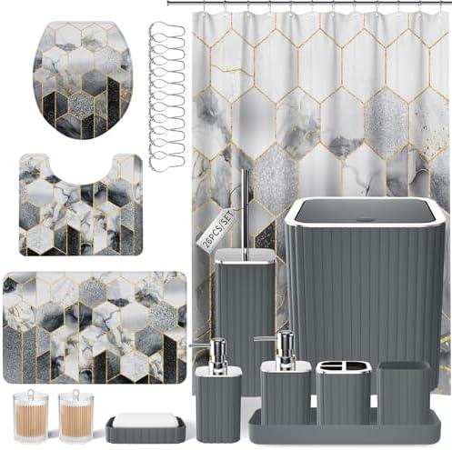 XLHOMO Bathroom Set - 26PC Bathroom Set with Shower Curtain and Rugs, Bathroom Accessory Set, Grey Bathroom Accessories Set, Trash Can & Soap Dispenser