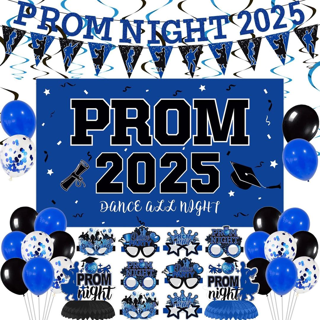 Prom 2025 Decorations Set, Graduation Party Supplies Prom 2025 Backdrop, Prom Night Banner, Balloon, Grad Photo Booth Props, Honeycomb Centerpieces, Paper Eyeglasses (Blue)