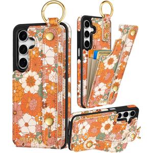 Petitian for Samsung Galaxy A16 5G Case with Wallet - Women Girls Cute Girly Aesthetic Unique Design Leather Credit Card Holder Cardholder Stand Wristband for Galaxy A16 5G, Orange Floral
