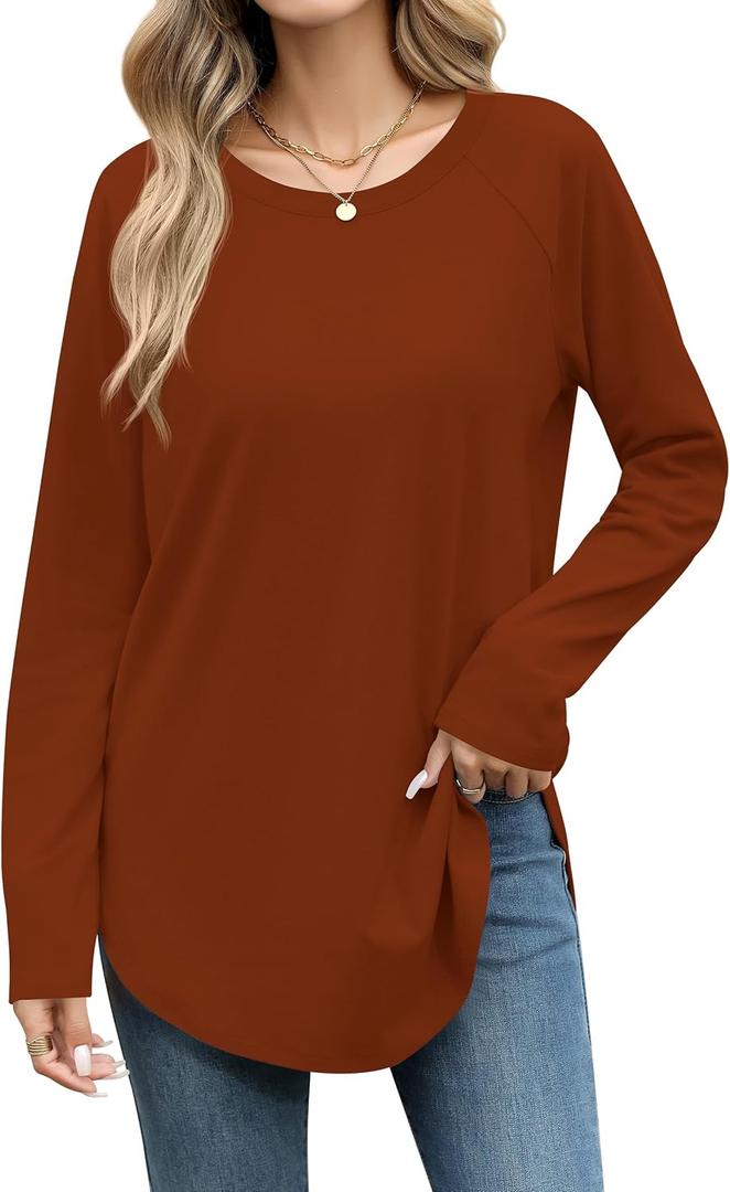 Laughido Women's Casual Raglan Long Sleeve Tunic Round Neck Curved Hem Loose Fit 2025 Basic Long Sweatshirt (M)
