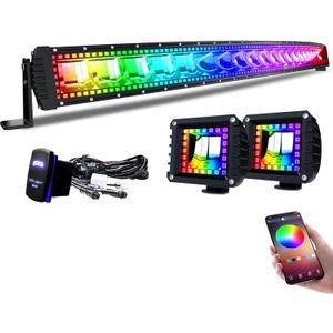 Lpteso RGBW 52Inch 300W Curved LED Light Bar with RGB Halo Ring Chasing Light, 16 Solid Colors, Over 92 Strobe Flashing Modes, IP67 Waterproof, Adjustable Mounting Bracket