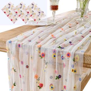 3PCS Lvory Floral Table Runner 10 FT, Embroidery Daisy Table Runners Seasonal Spring Summer Sheer Tulle Dining Table Decor for Home Party Birthday Decor 29x120 Inch
