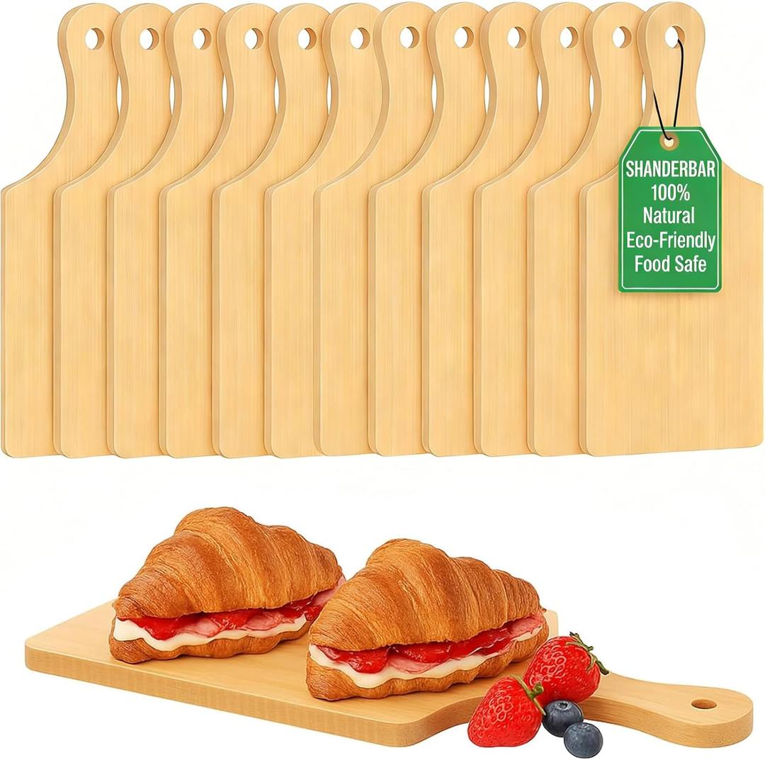 12 Pcs Thicken Bamboo Wooden Cutting Board with Handle,11x5 Inch Hanging Charcuterie Boards Unfinished Wood Cutting Board Blanks Bulk for Crafts, Laser Engraving Wedding Mother's Day Housewarming Gift