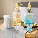 Glass 9 Pcs Bathroom Accessories Mouthwash Dispenser Set with Silicone Funnel, Soap Dispenser, Qtip Holder Jar, 2 Pack Shot Glass, Gold Tray and 2 Wooden Label Bathroom Counter Set Sink Decor (Clear Glass)